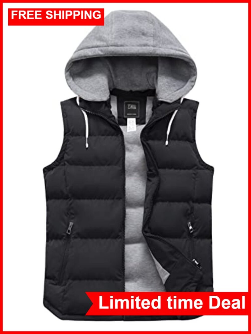 Quilted Puffer Vest Hooded Zip Sleeveless Winter Outerwear